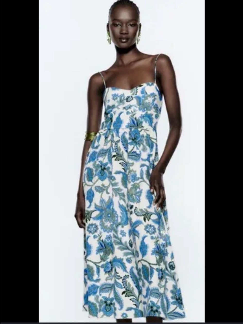 Zara Blue Floral Midi Dress | Strappy Fitted Bodice Size XS